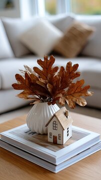 A charming wooden house with an intricate design is adorned with dried oak leaves, adding a cozy autumn touch to the interior