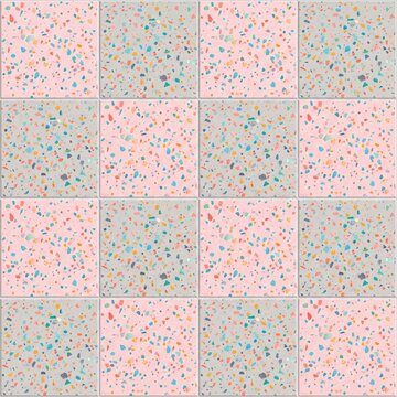 Seamless terrazzo ceramic tile texture in a checkerboard pattern with pink and grey squares