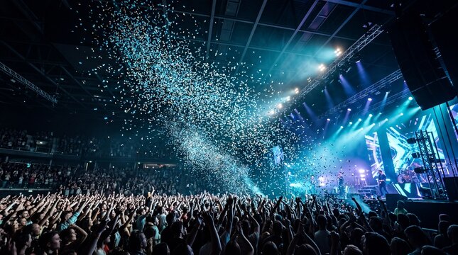 A large crowd of people cheering at a concert with confetti falling in an arena with audience indoor concert confetti falls ceiling