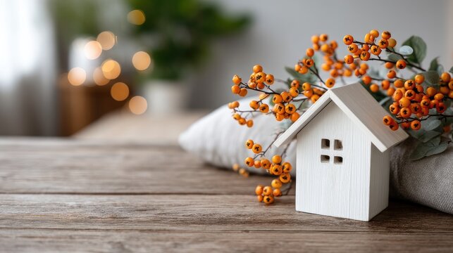 A charming wooden house with an intricate design is adorned with dried oak leaves, adding a cozy autumn touch to the interior