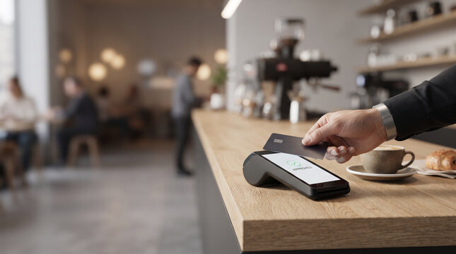 Customer making a contactless payment with a credit card at a modern coffee shop counter.