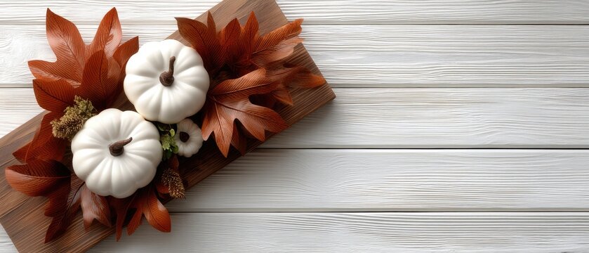 A delightful arrangement of white and brown pumpkins nestled among colorful autumn leaves creates a warm fall ambiance