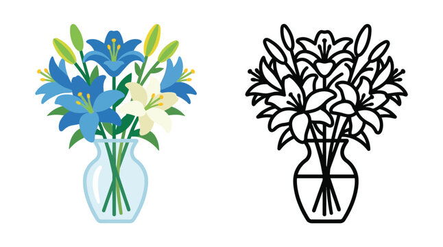 Lily bouquet in a vase colorful vector illustration on white background