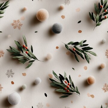 Beautiful arrangement of floral elements, ornaments, and winter details creates a cheerful atmosphere ideal for seasonal festivities SEAMLESS PATTERN