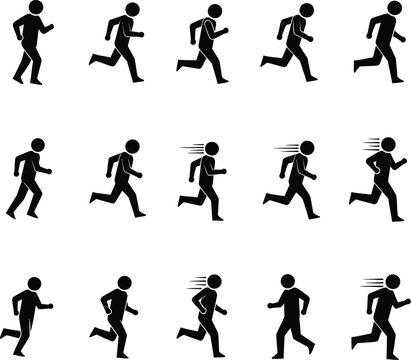 Man running sequence showing movement phases in a flat vector icon set