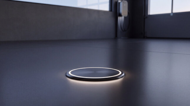 Modern wireless charging pad with illuminated led ring on minimalist floor in smart home interior