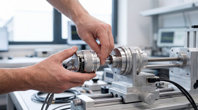 Technician assembling precision rotary encoder on linear test rig in industrial laboratory