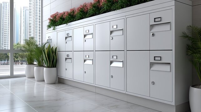 Innovative design showcases lockers surrounded by lush plants, enhancing a contemporary workspace with a vibrant and inviting feel