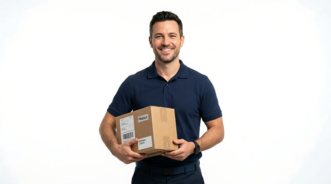 A smiling man in a navy polo shirt holds a cardboard delivery box, portraying a courier or delivery service professional.