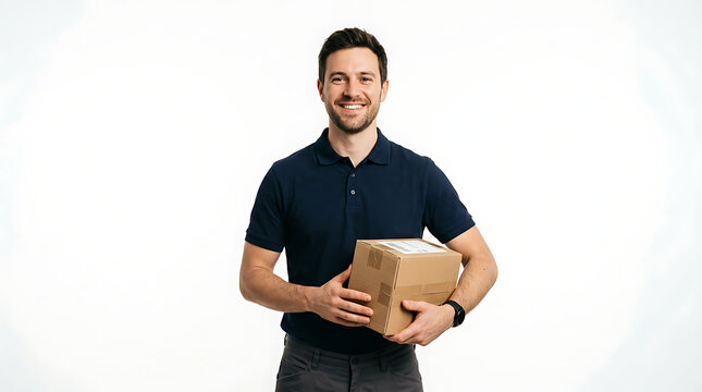 A smiling man in a navy polo shirt holds a cardboard box, representing a delivery worker in a professional setting.