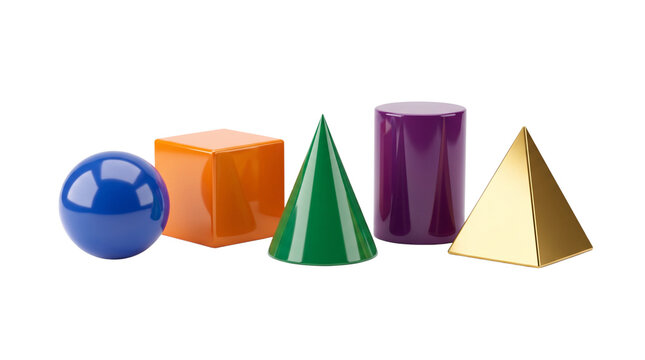 A collection of colorful 3D geometric shapes including a blue sphere, orange cube, green cone, purple cylinder, and gold pyramid on a white background