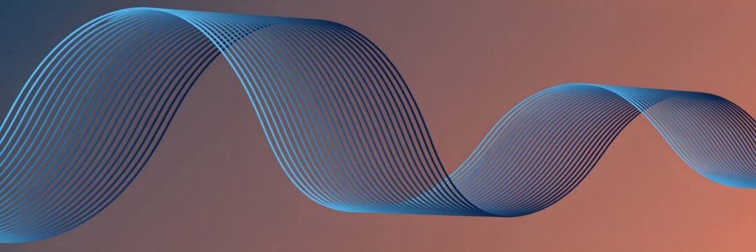 Abstract 3d render of a flowing blue ribbon composed of thin parallel lines against a warm orange and dark blue gradient background surface