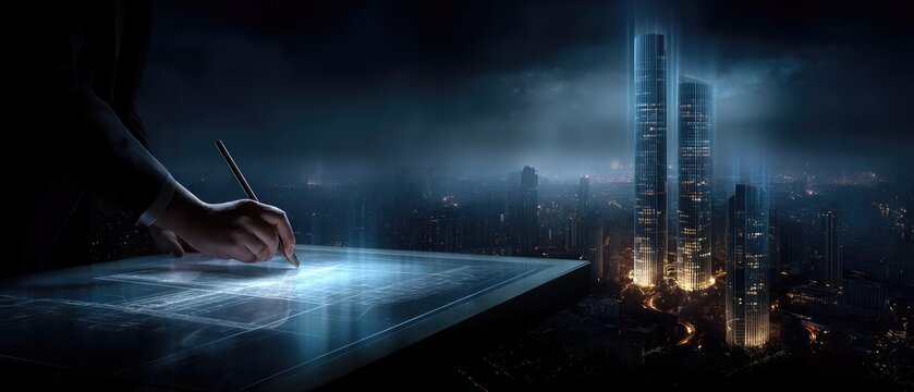 A person engages with a luminous device, surrounded by towering structures and ambient lights in a dark industrial environment