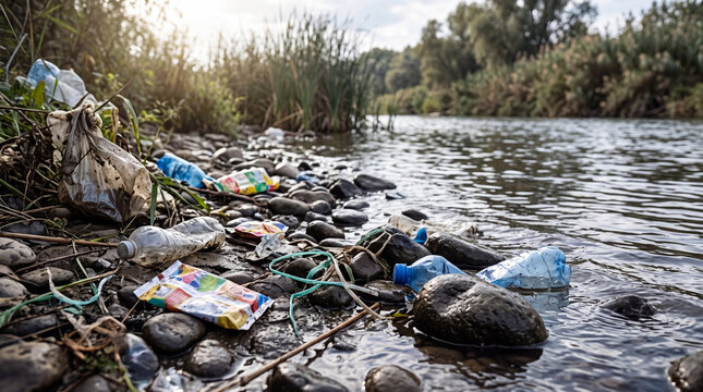 Plastic pollution and discarded waste along a riverbank, with bottles, packaging, and bags scattered among rocks beside flowing water in a natural landscape