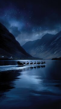 A sleigh pulled by reindeer moves silently across a winter sky filled with stars, enhancing the magical atmosphere of the night