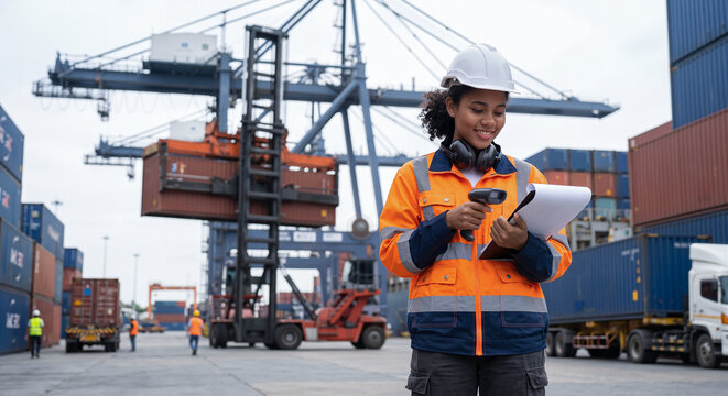 Happy female dock worker scanning cargo inventory with barcode reader on clipboard at busy shipping terminal