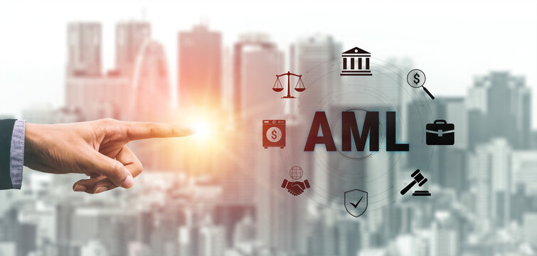 Professional Hand Pointing at AML Symbols Over City Skyline with Financial Icons Representing Compliance and Regulation in Anti-Money Laundering Context. Glyphic.