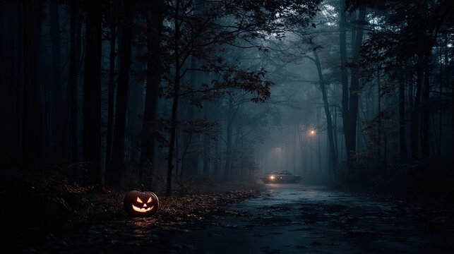 A wet pathway reflects the glow of lantern light while a carved pumpkin adds a festive touch in the eerie atmosphere of night