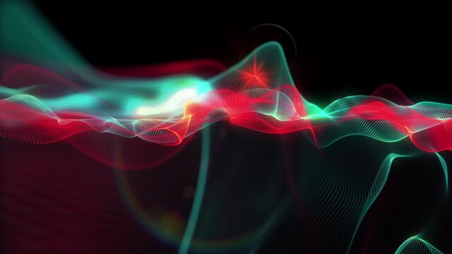 Abstract digital waves formed by glowing particles move across a dynamic 3D landscape, creating a futuristic visualization of data, energy, movement, technology, and connectivity.
