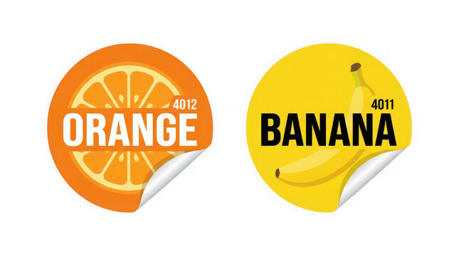 Colorful round stickers featuring orange and banana fruit labels with numbers transparent background