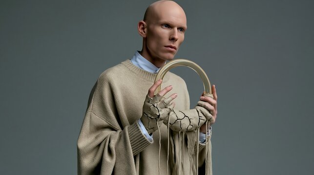 Avant-garde bald male model holding circular transparent prop with cracked clay gloves