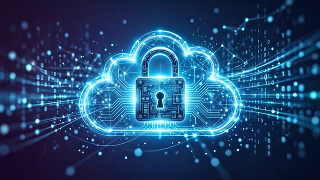 Glowing cloud icon with padlock representing secure cloud computing and encrypted data protection concept