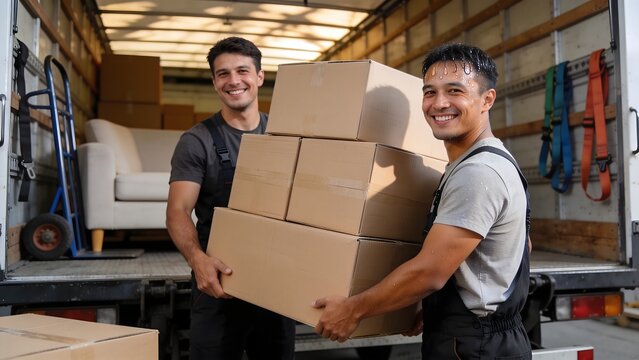 Two professional male movers carrying cardboard boxes into a delivery truck for relocation
