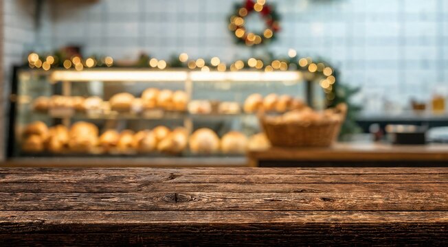 Wooden counter in a festive bakery with blurred display case of pastries, golden lights, wreath, and holiday greenery garland.