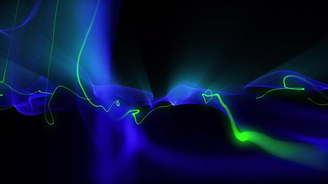 Bright glowing energy waves from small particles and lines, abstract background, high quality video.
