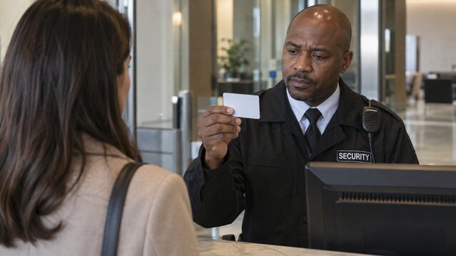 Security officer verifying identification at a reception desk  