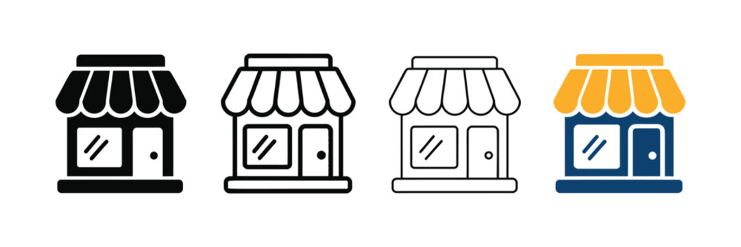 Store icon set showing shop building in various outline and solid styles against a clean white background