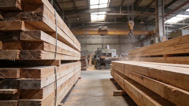 Stacks of raw lumber neatly arranged in a spacious industrial sawmill warehouse