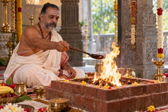 Elderly man performing a religious ceremony with fire in a temple  