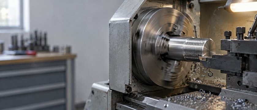 Metal lathe in workshop with machined metal workpiece and tools  