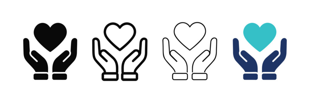 Heart in hands icons set showing care and love symbols for health and charity design