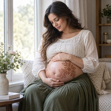 Pregnant woman with henna on belly sitting in cozy living room  