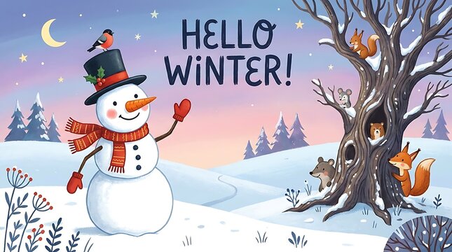 Happy snowman wearing a top hat and red scarf in a snowy winter forest
