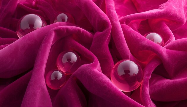 A satisfying 3D composition of soft velvet fabrics intertwining with glowing glass spheres, highly textured multi-sensory visual, rich vibrant colors, cinematic lighting.


