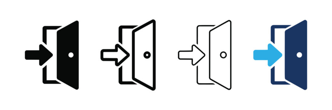 Door icon set featuring open entrance symbols with directional arrows in various styles against white background