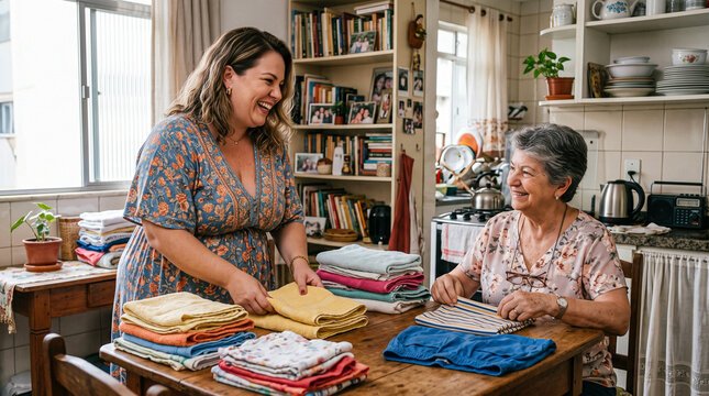 Women folding clean laundry together