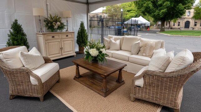 Collection of distinct vintage furniture, including sofas and lamps, arranged outside in a lively setting under clear skies