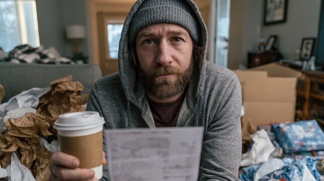 Man overwhelmed by post-holiday bills and credit card statement