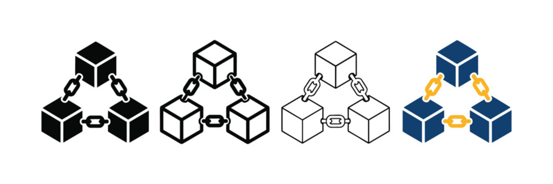 Blockchain Technology Icon Set with Connected Blocks and Chains Symbolizing Decentralized Network and Cryptocurrency Security