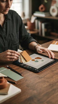 Designer matches color swatches on tablet