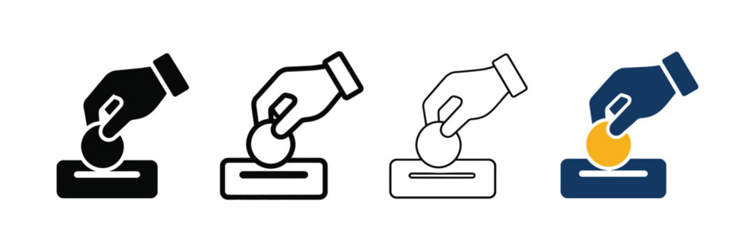 Donation icons set showing hand dropping coin into charity box isolated on white background