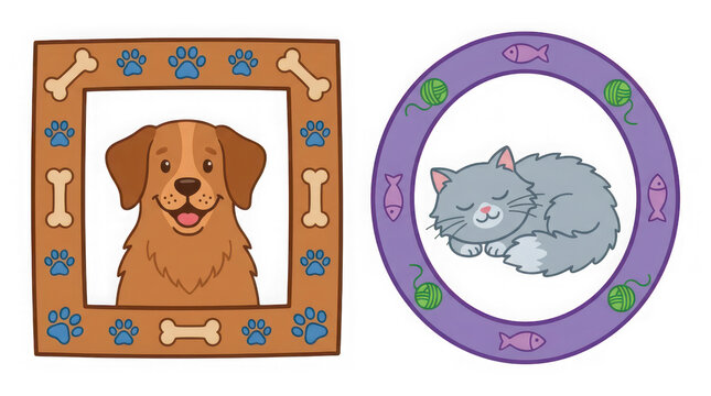 Cute cartoon dog and cat framed with playful decorative borders transparent background