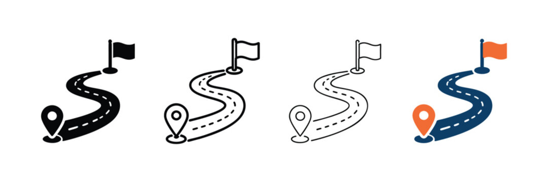 Road map icon set with destination pins and finish line flags in various styles on white background