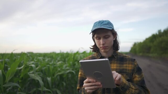 Corn. A young man stands among corn crops, using a tablet to monitor his farm. The farmer appears focused as he checks growth conditions in the corn field.