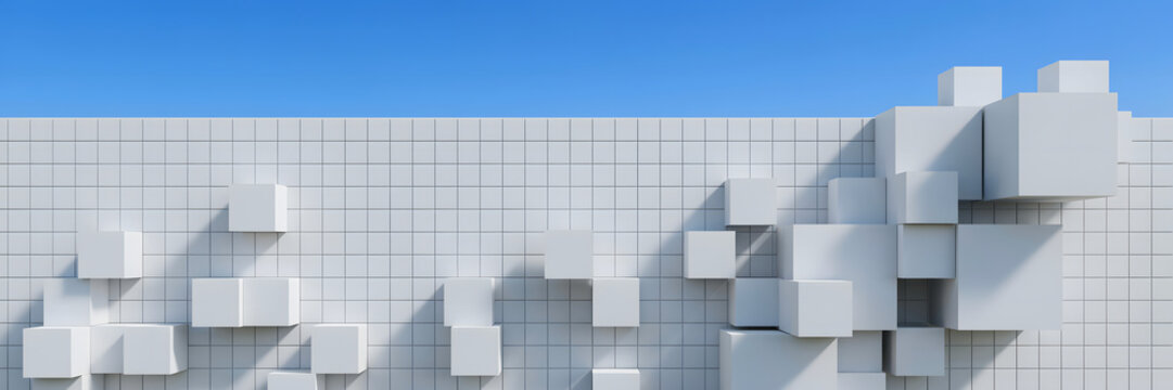 A white grid wall with a dense cluster of protruding 3d cubes creating a textured architectural surface under a clear blue sky, wide angle