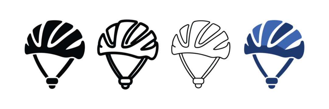 Bicycle helmet icons set in various vector styles including solid, outline, and colored options
